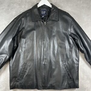 Vtg GAP Y2K  Leather Car Coat Mens XXL Black Genuine Leather Jacket 90s
